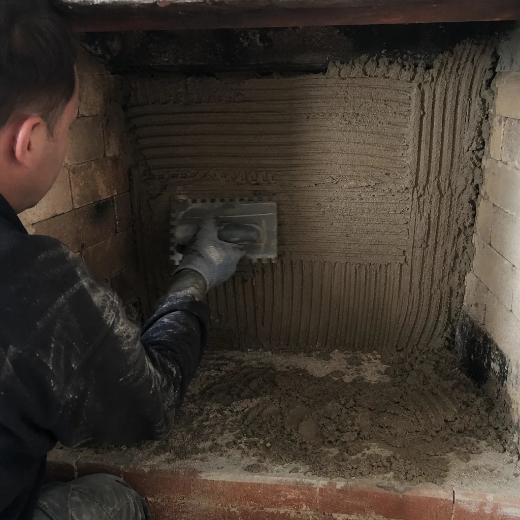 Professional applying mortar to a fireplace firebox for repair services